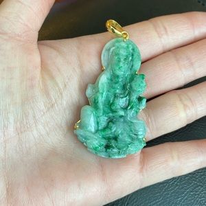 Large 14K Solid Gold Guanyin Kwan Yin Buddha Genuine Grade A 100% Jade Pendant